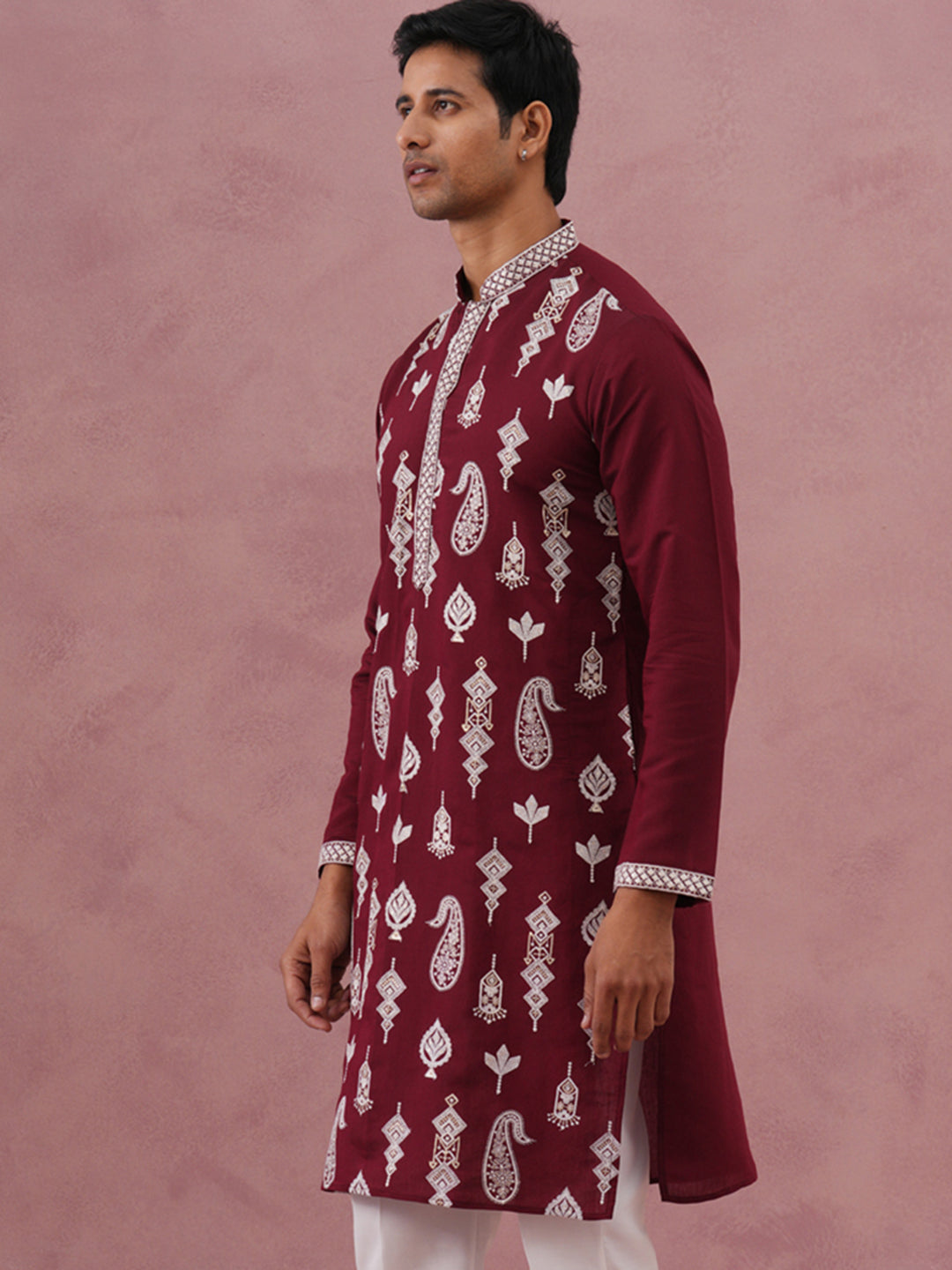 Silk Blend Ethnic Embroidered Kurta for Men ( 65KO 5335 Maroon ) [FF] [B-1-2]