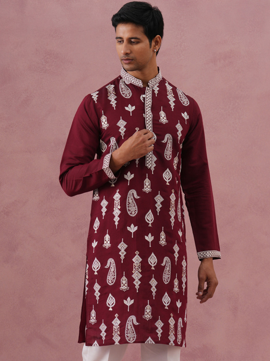 Silk Blend Ethnic Embroidered Kurta for Men ( 65KO 5335 Maroon ) [FF] [B-1-2]