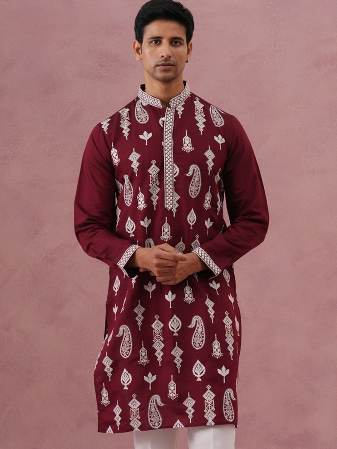 Silk Blend Ethnic Embroidered Kurta for Men ( 65KO 5335 Maroon ) [FF] [B-1-2]