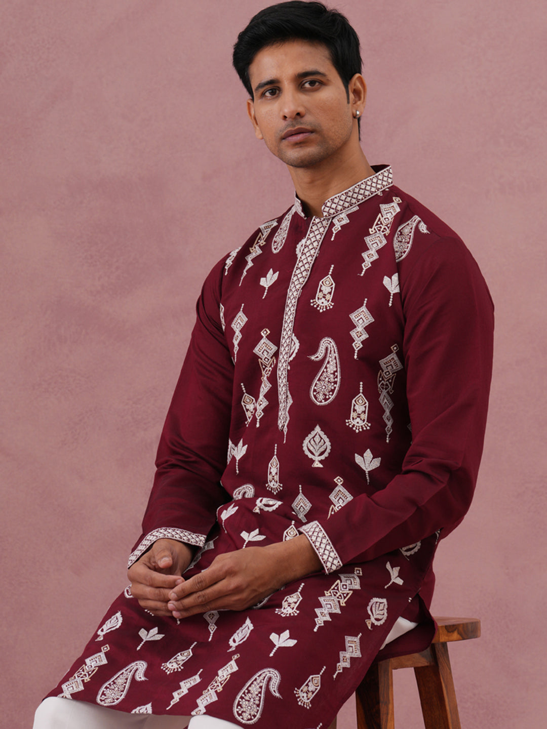 Silk Blend Ethnic Embroidered Kurta for Men ( 65KO 5335 Maroon ) [FF] [B-1-2]