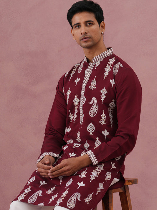 Silk Blend Ethnic Embroidered Kurta for Men ( 65KO 5335 Maroon ) [FF] [B-1-2]