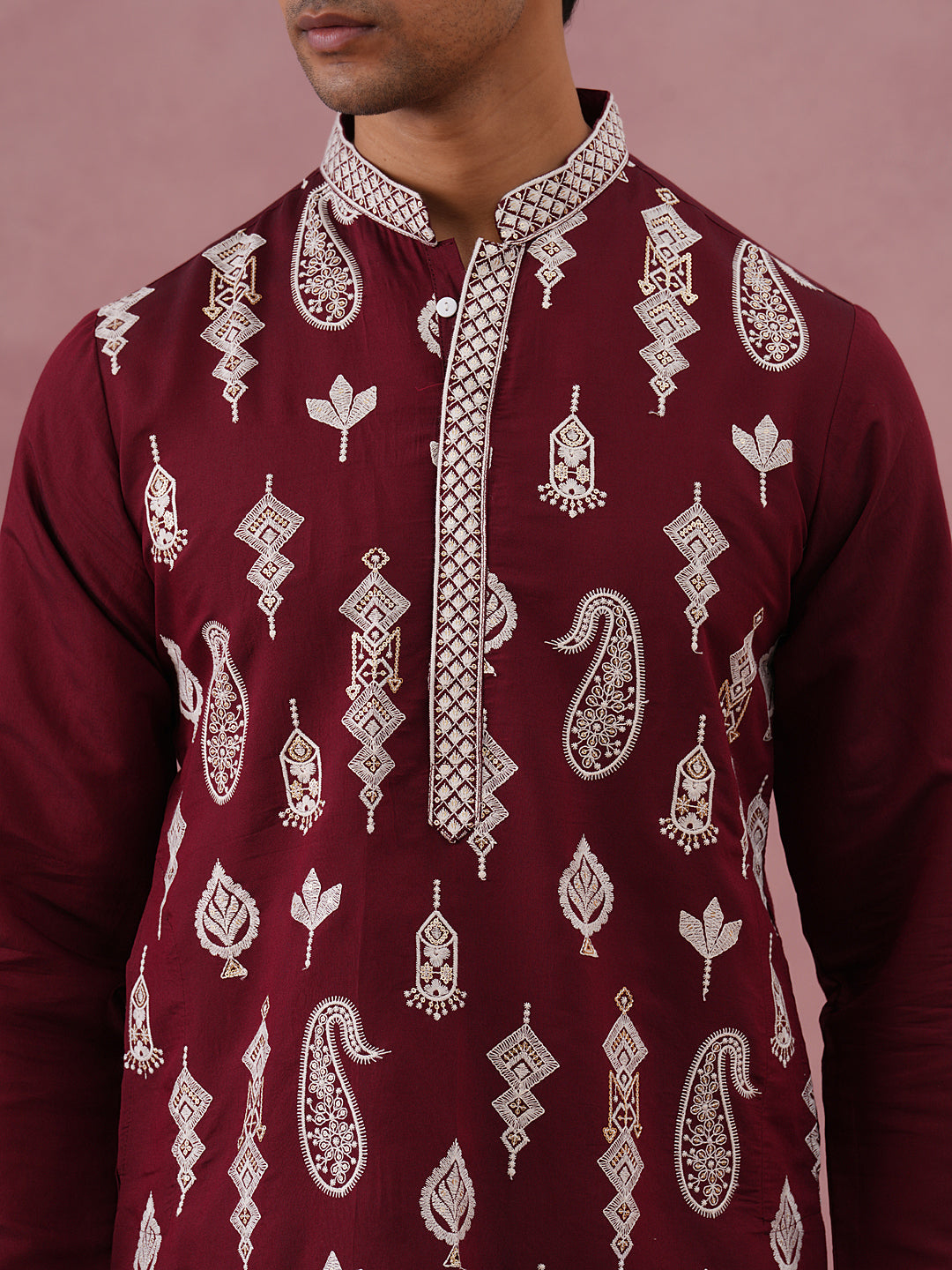 Silk Blend Ethnic Embroidered Kurta for Men ( 65KO 5335 Maroon ) [FF] [B-1-2]