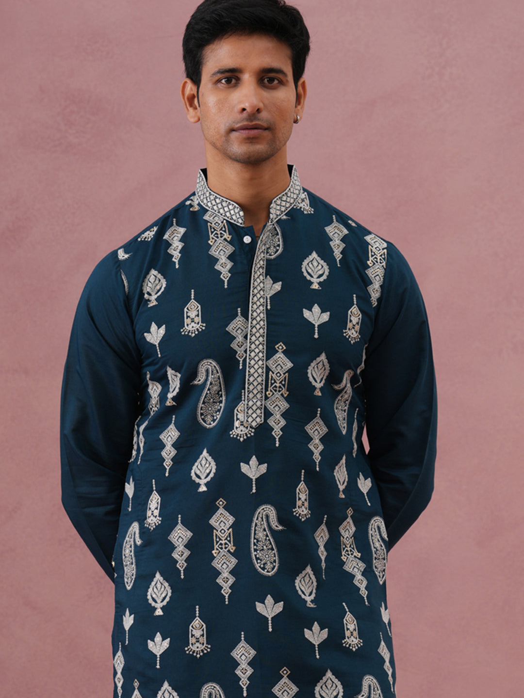Silk Blend Ethnic Embroidered Kurta for Men ( 65KO 5335 Peacock ) [FF] [B-1-2]