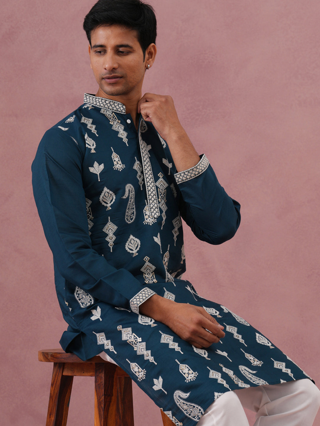 Silk Blend Ethnic Embroidered Kurta for Men ( 65KO 5335 Peacock ) [FF] [B-1-2]