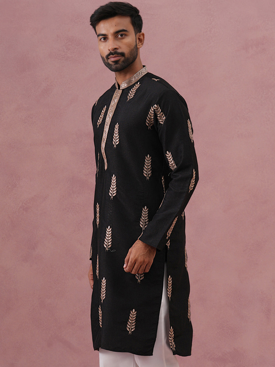 Men's Silk Blend Embroidered Kurta (65KO 5336 Black ) [FF] [J-1]