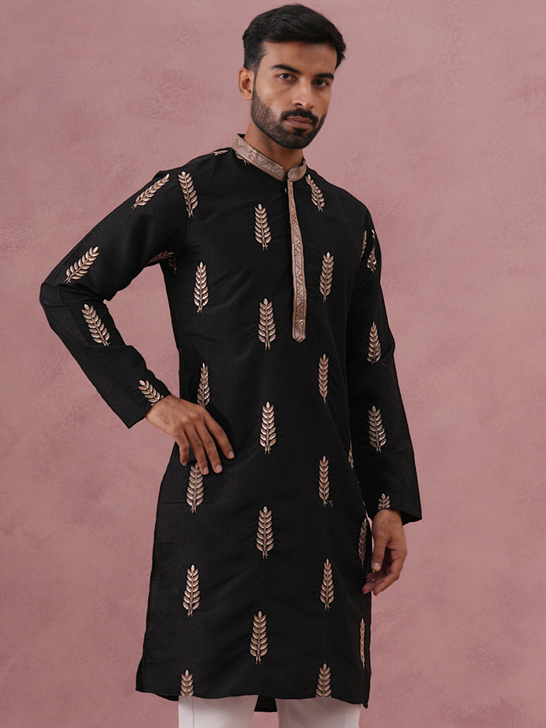 Men's Silk Blend Embroidered Kurta (65KO 5336 Black ) [FF] [J-1]