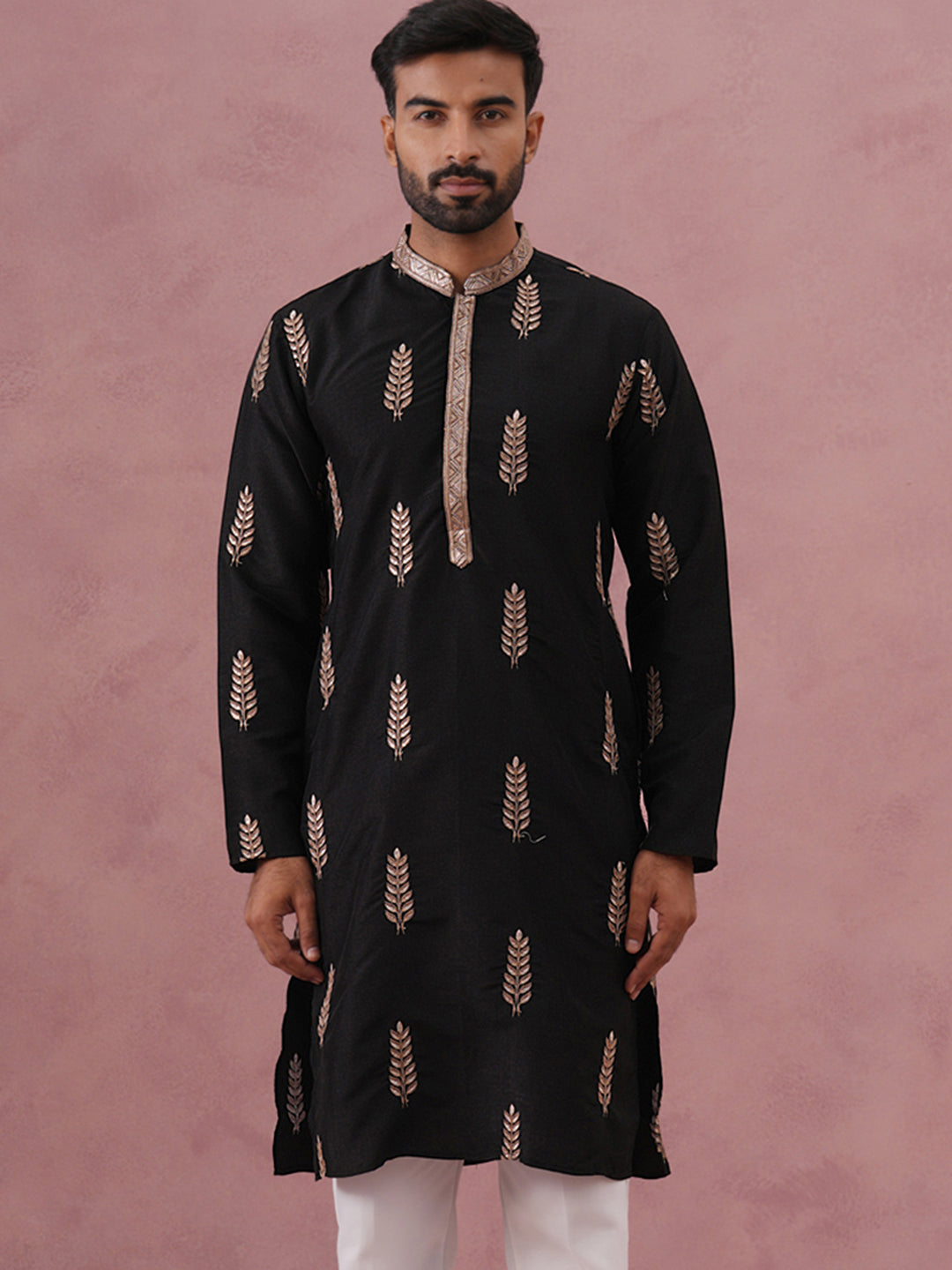 Men's Silk Blend Embroidered Kurta (65KO 5336 Black ) [FF] [J-1]