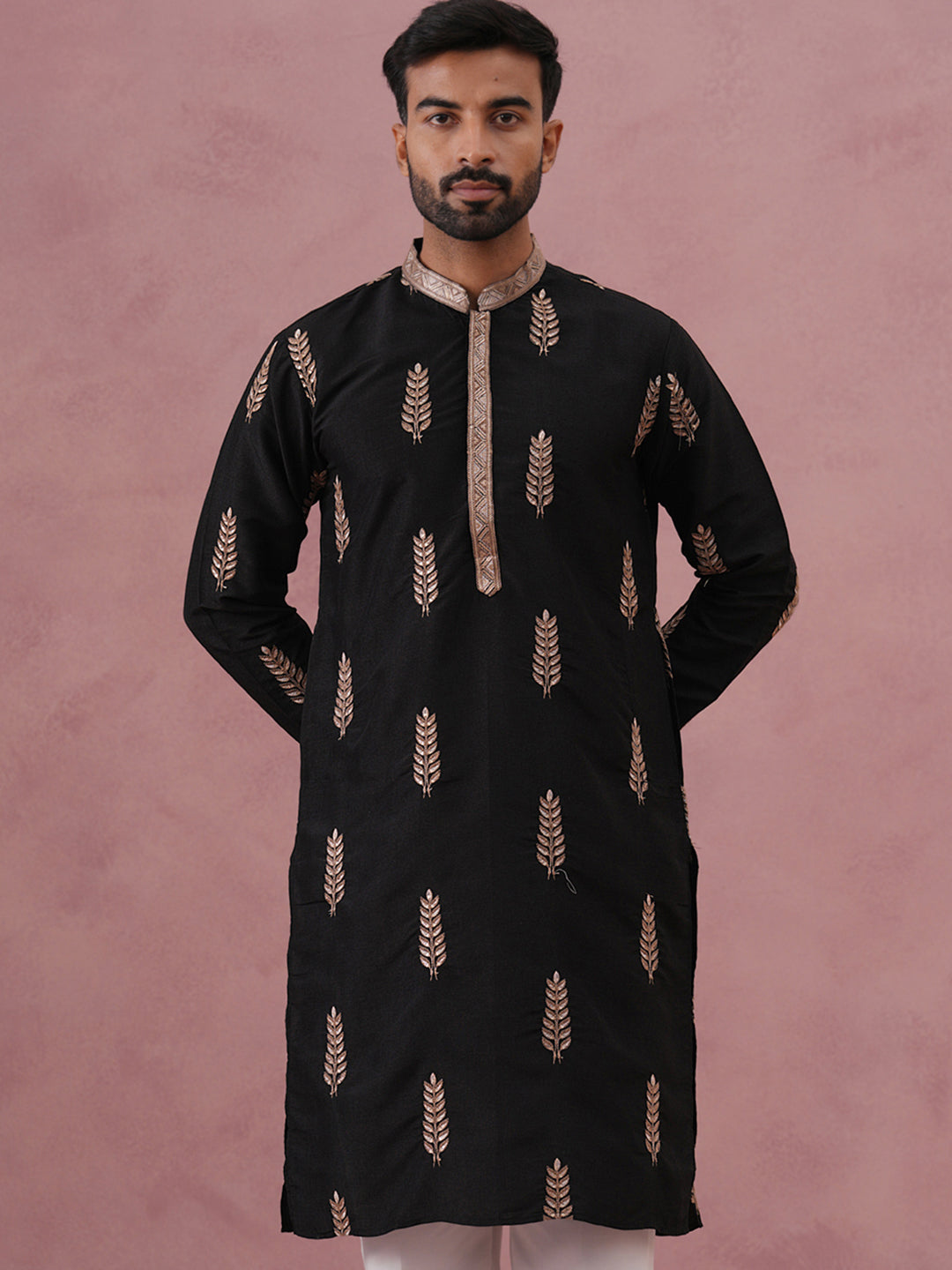 Men's Silk Blend Embroidered Kurta (65KO 5336 Black ) [FF] [J-1]