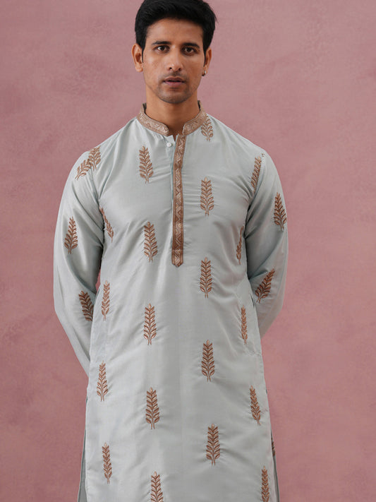 Men's Silk Blend Embroidered Kurta ( 65KO 5336 Sky ) [FF] [J-1]