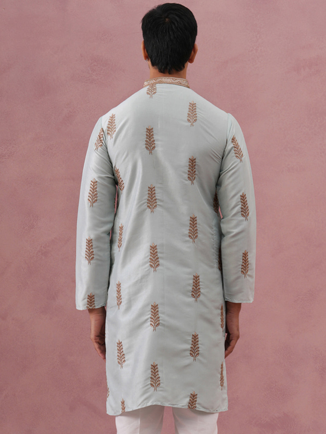 Men's Silk Blend Embroidered Kurta ( 65KO 5336 Sky ) [FF] [J-1]