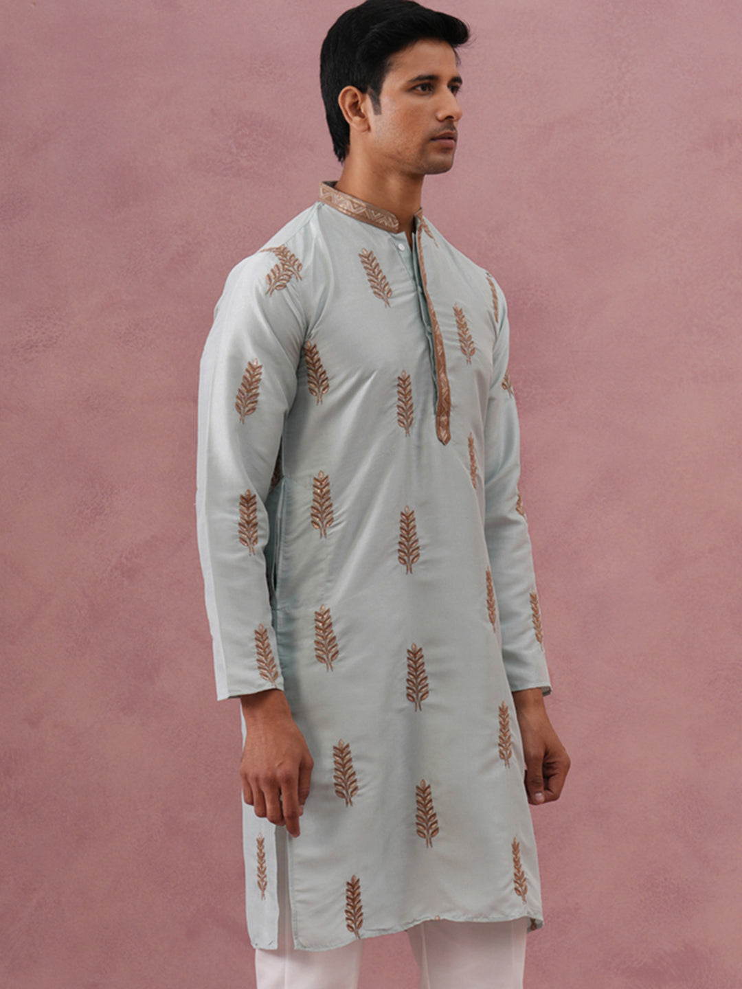 Men's Silk Blend Embroidered Kurta ( 65KO 5336 Sky ) [FF] [J-1]