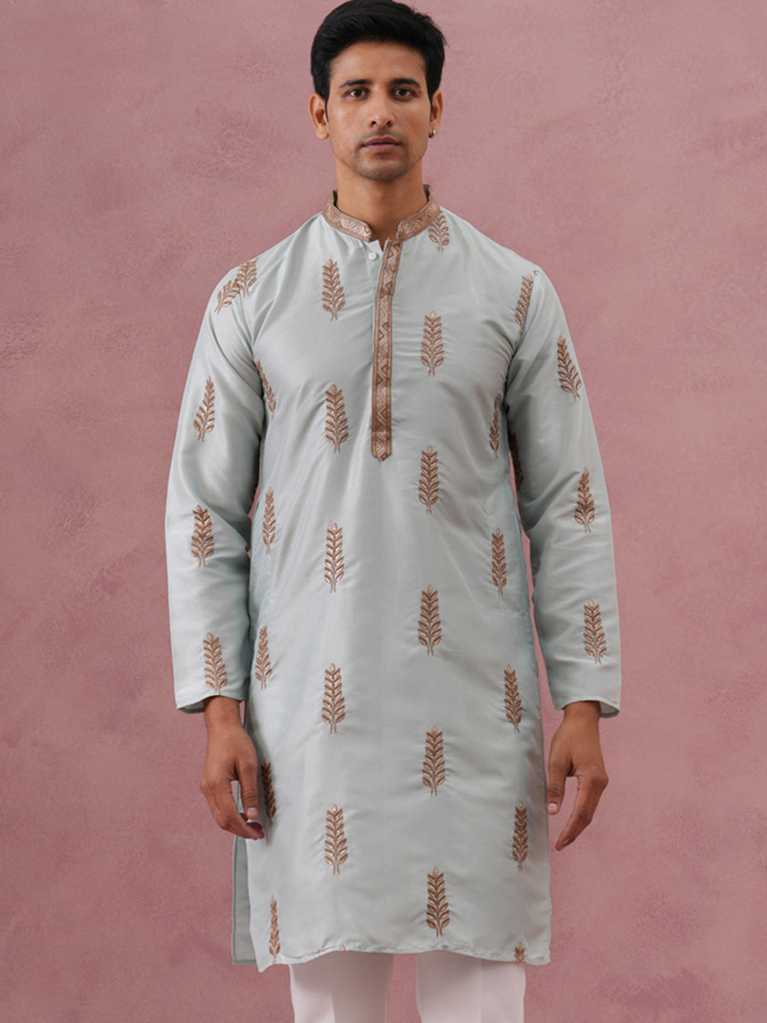 Men's Silk Blend Embroidered Kurta ( 65KO 5336 Sky ) [FF] [J-1]