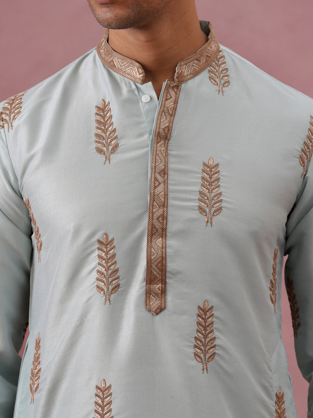 Men's Silk Blend Embroidered Kurta ( 65KO 5336 Sky ) [FF] [J-1]