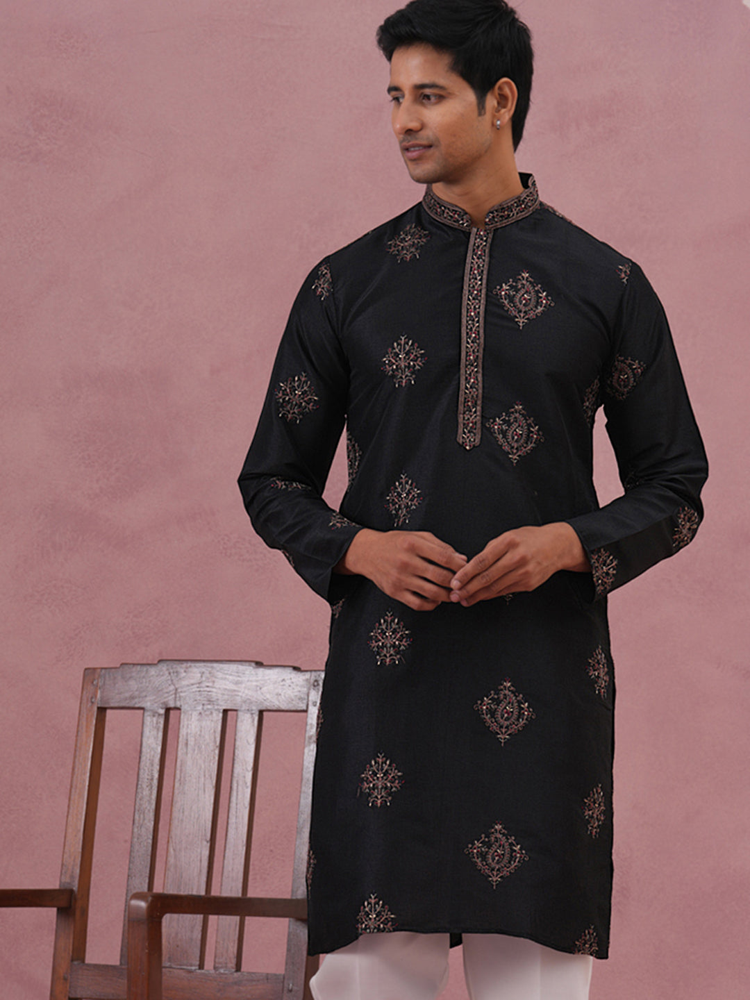 Silk Blend Black Kurta for Men (65KO 5337 Black ) [FF] [A-1-4]