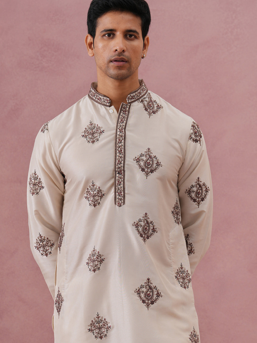 Silk Blend Black Kurta for Men ( 65KO 5337 Cream ) [FF] [A-1-4]