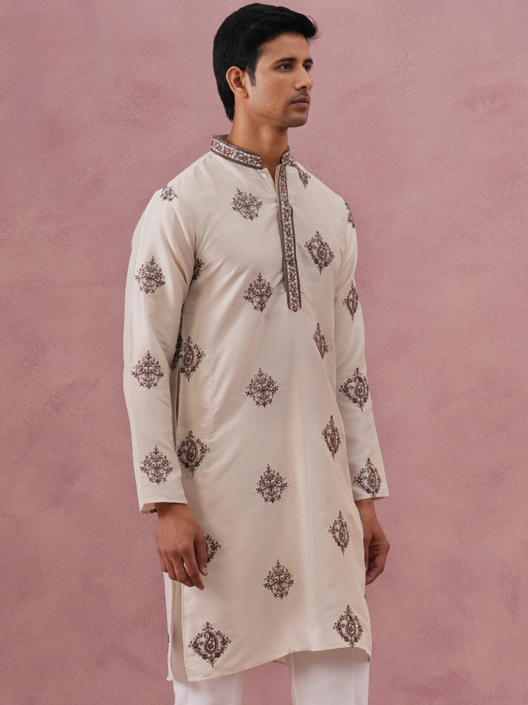 Silk Blend Black Kurta for Men ( 65KO 5337 Cream ) [FF] [A-1-4]