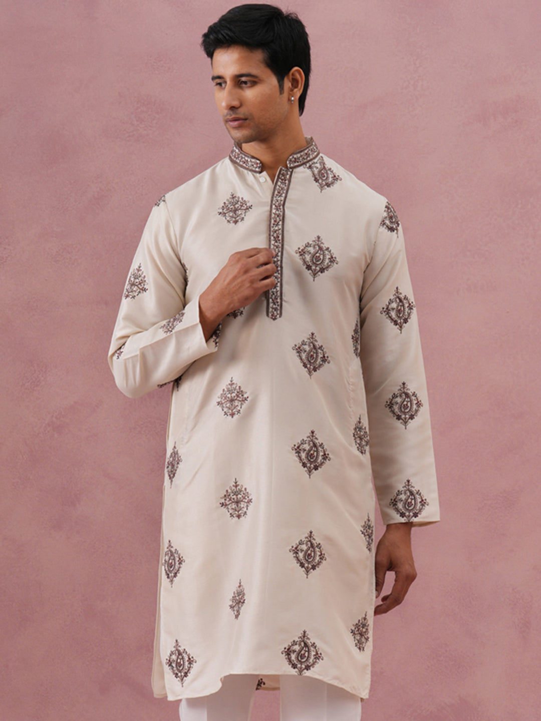 Silk Blend Black Kurta for Men ( 65KO 5337 Cream ) [FF] [A-1-4]
