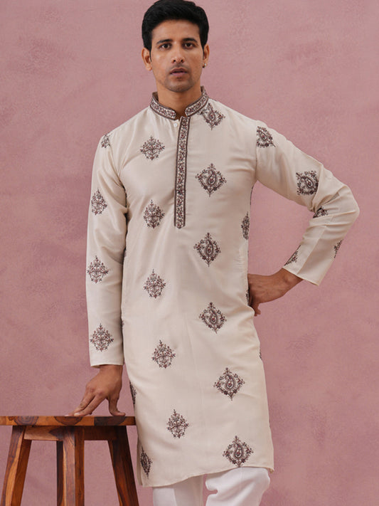 Silk Blend Black Kurta for Men ( 65KO 5337 Cream ) [FF] [A-1-4]