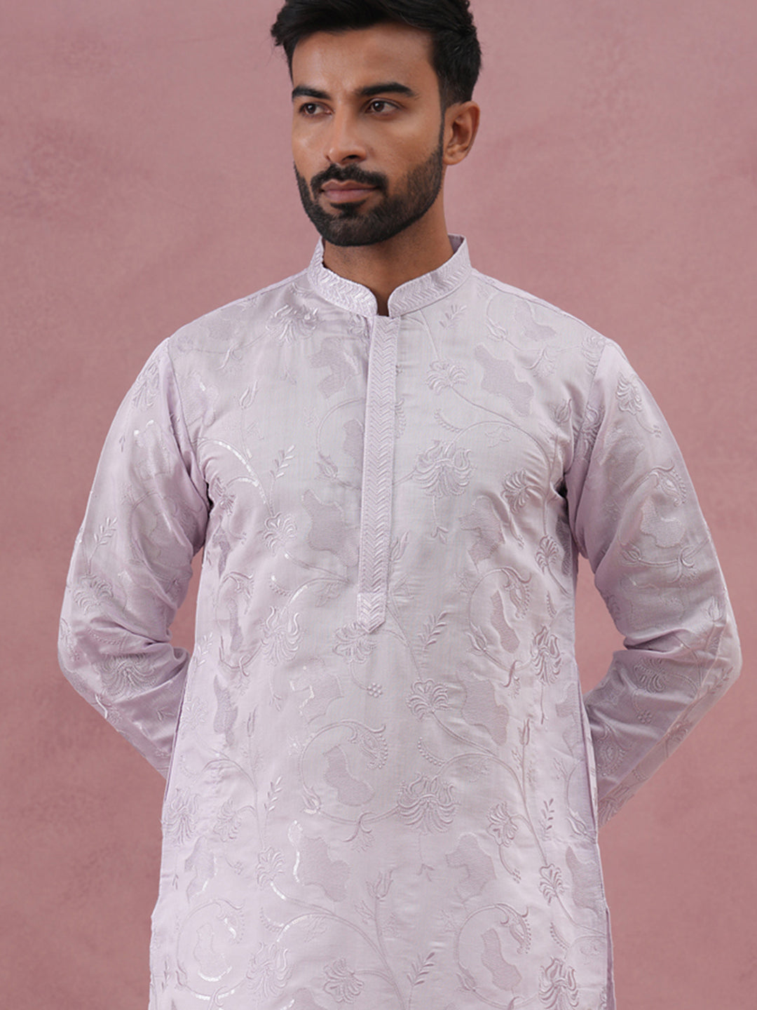 Men's Embroidered Silk Blend Kurta ( 65KO 5338 Lavender ) [FF] [A-1-4]