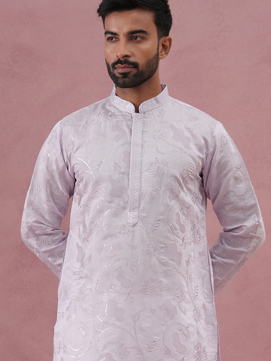 Men's Embroidered Silk Blend Kurta ( 65KO 5338 Lavender ) [FF] [A-1-4]