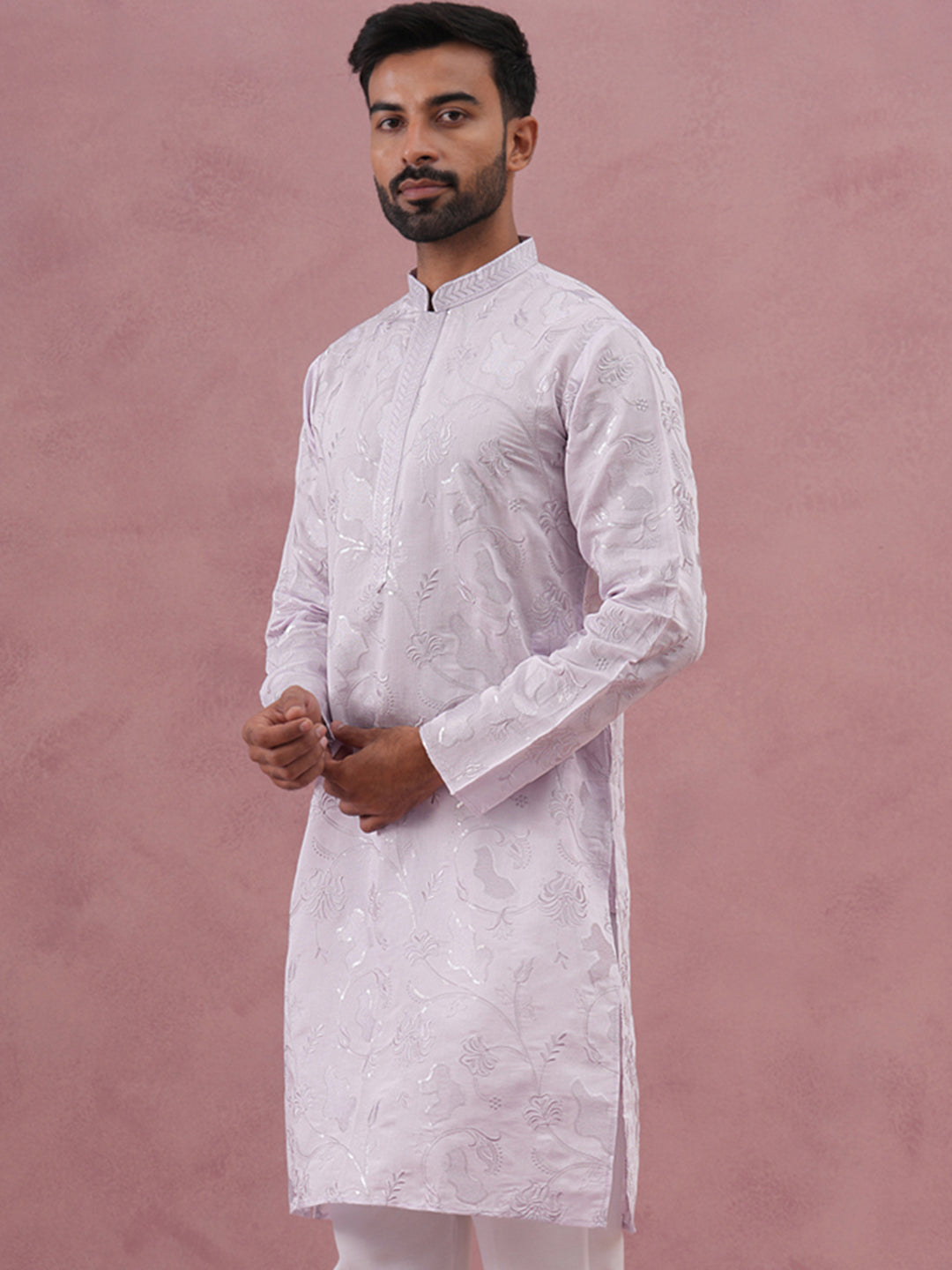 Men's Embroidered Silk Blend Kurta ( 65KO 5338 Lavender ) [FF] [A-1-4]