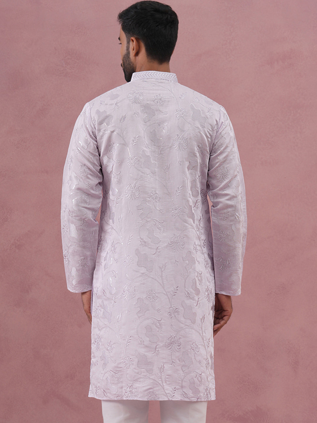 Men's Embroidered Silk Blend Kurta ( 65KO 5338 Lavender ) [FF] [A-1-4]