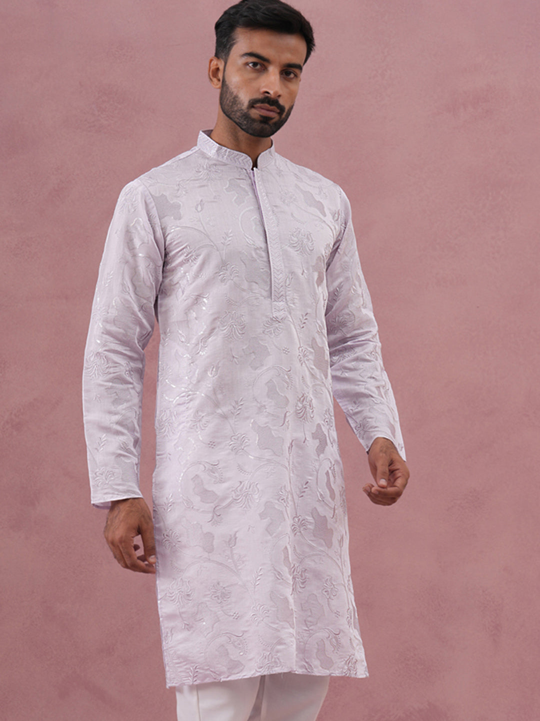 Men's Embroidered Silk Blend Kurta ( 65KO 5338 Lavender ) [FF] [A-1-4]