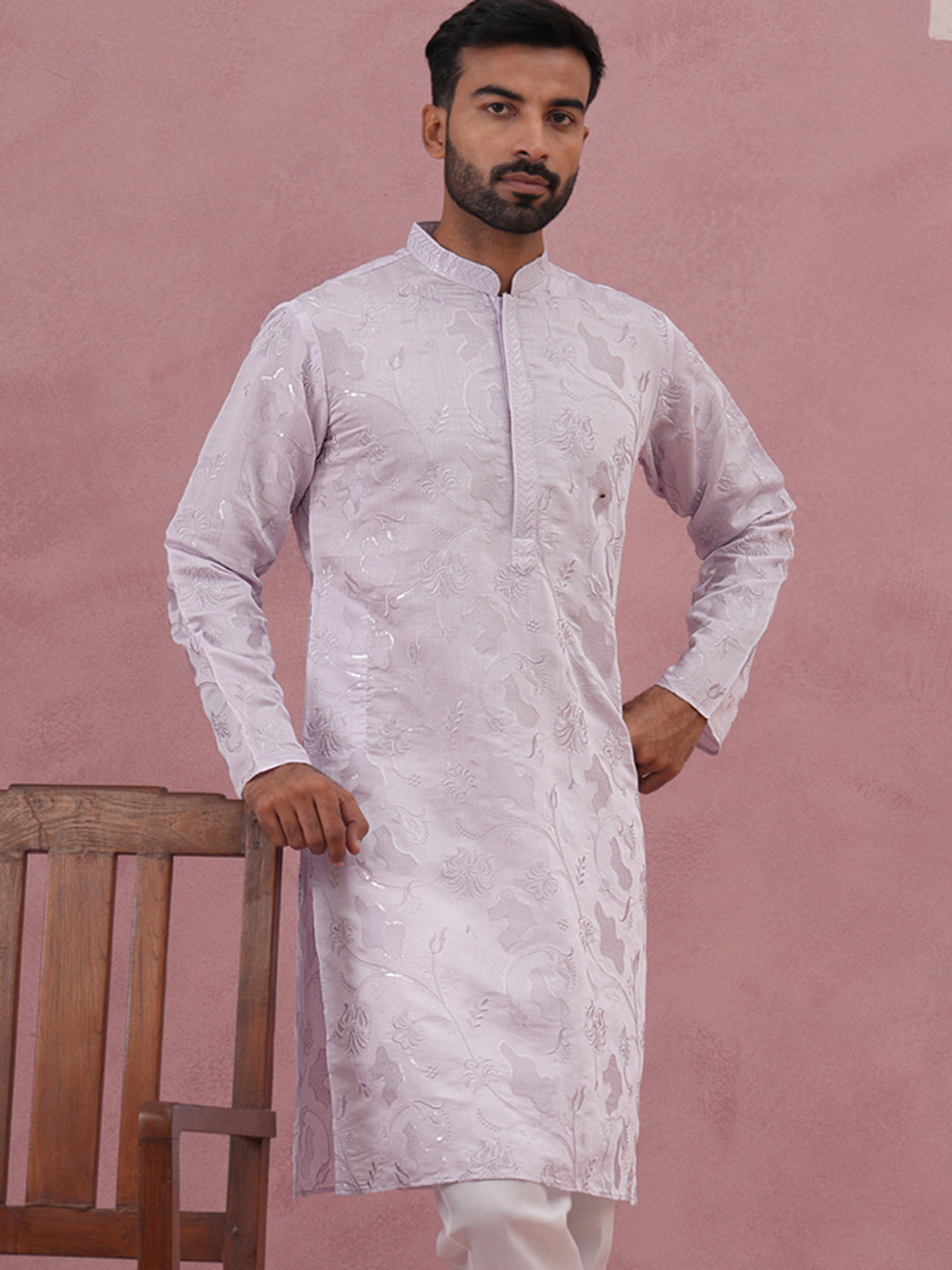 Men's Embroidered Silk Blend Kurta ( 65KO 5338 Lavender ) [FF] [A-1-4]