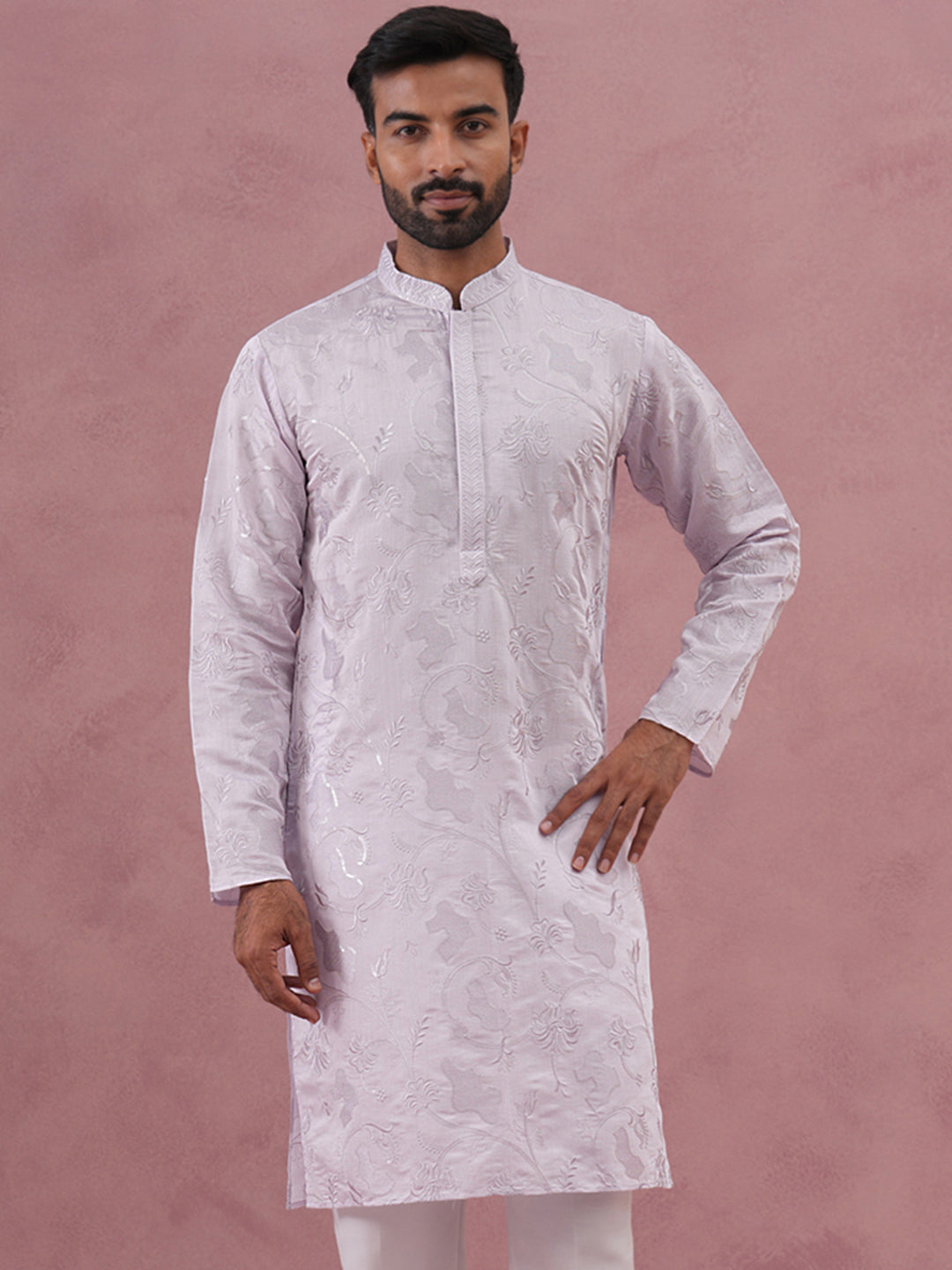 Men's Embroidered Silk Blend Kurta ( 65KO 5338 Lavender ) [FF] [A-1-4]