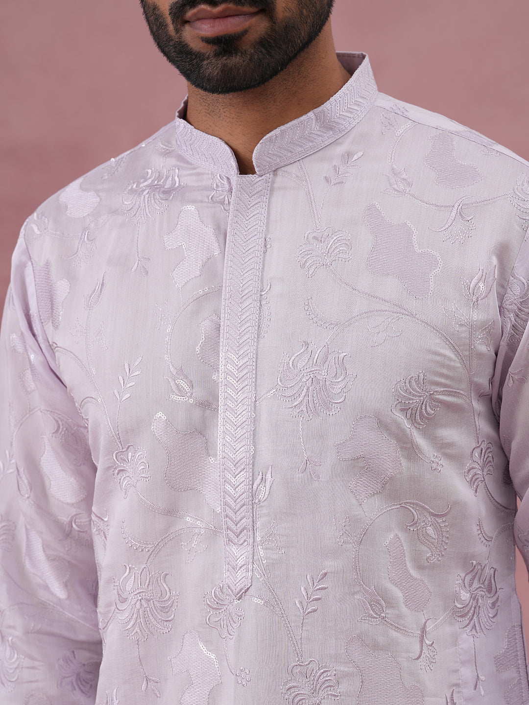 Men's Embroidered Silk Blend Kurta ( 65KO 5338 Lavender ) [FF] [A-1-4]