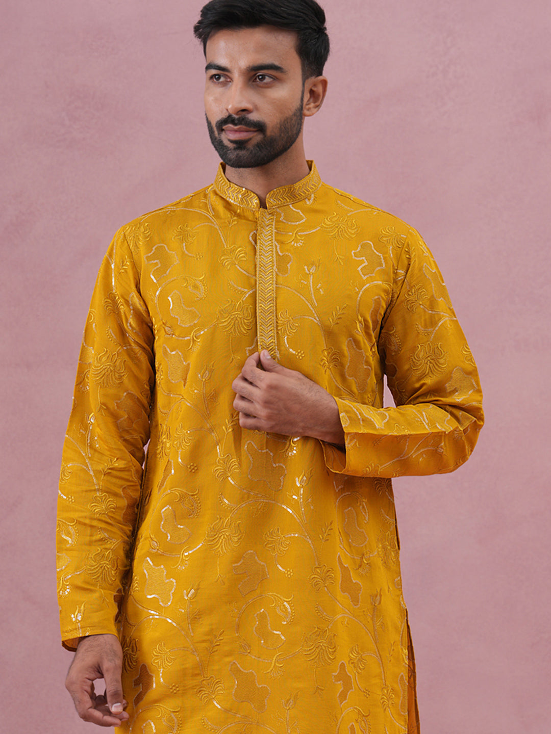 Men's Embroidered Silk Blend Kurta ( 65KO 5338 Mustard ) [FF] [A-1-4]