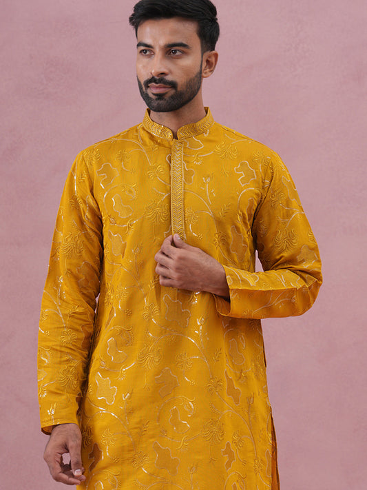 Men's Embroidered Silk Blend Kurta ( 65KO 5338 Mustard ) [FF] [A-1-4]