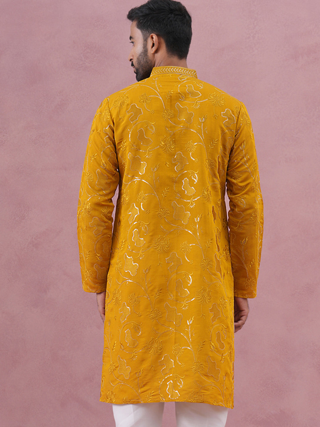 Men's Embroidered Silk Blend Kurta ( 65KO 5338 Mustard ) [FF] [A-1-4]