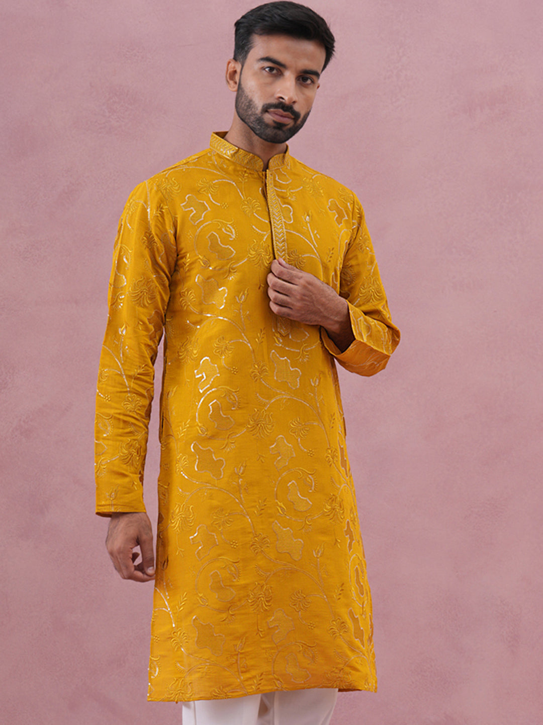 Men's Embroidered Silk Blend Kurta ( 65KO 5338 Mustard ) [FF] [A-1-4]