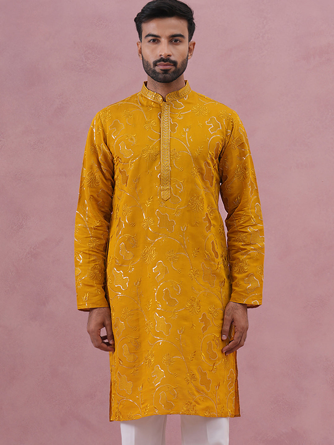 Men's Embroidered Silk Blend Kurta ( 65KO 5338 Mustard ) [FF] [A-1-4]