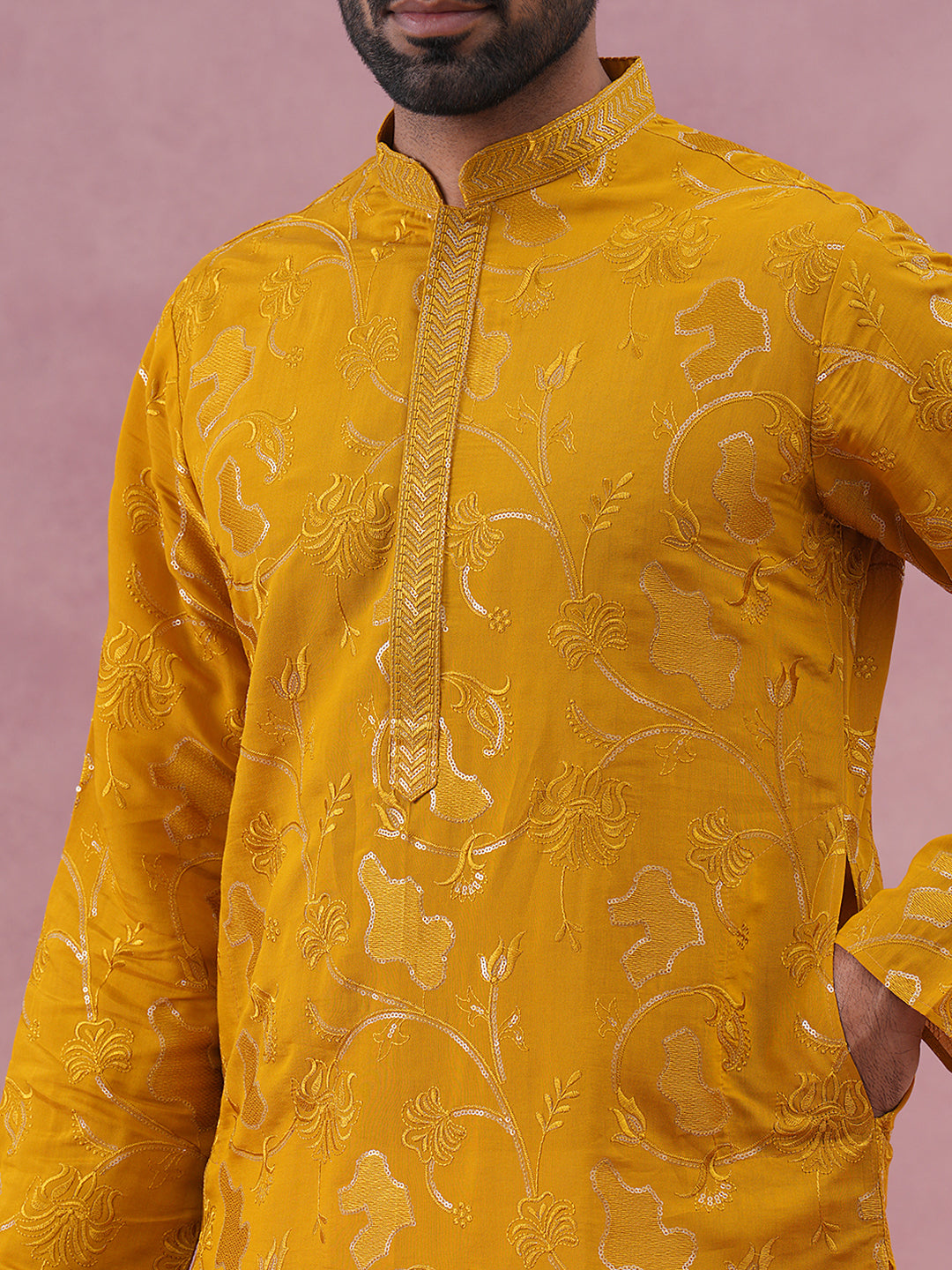Men's Embroidered Silk Blend Kurta ( 65KO 5338 Mustard ) [FF] [A-1-4]