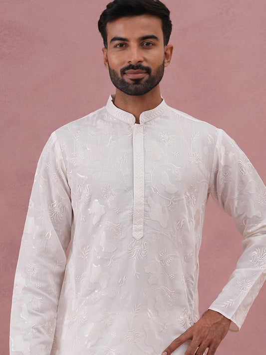 Men's Embroidered Silk Blend Kurta (65KO 5338 White ) [FF] [A-1-4]