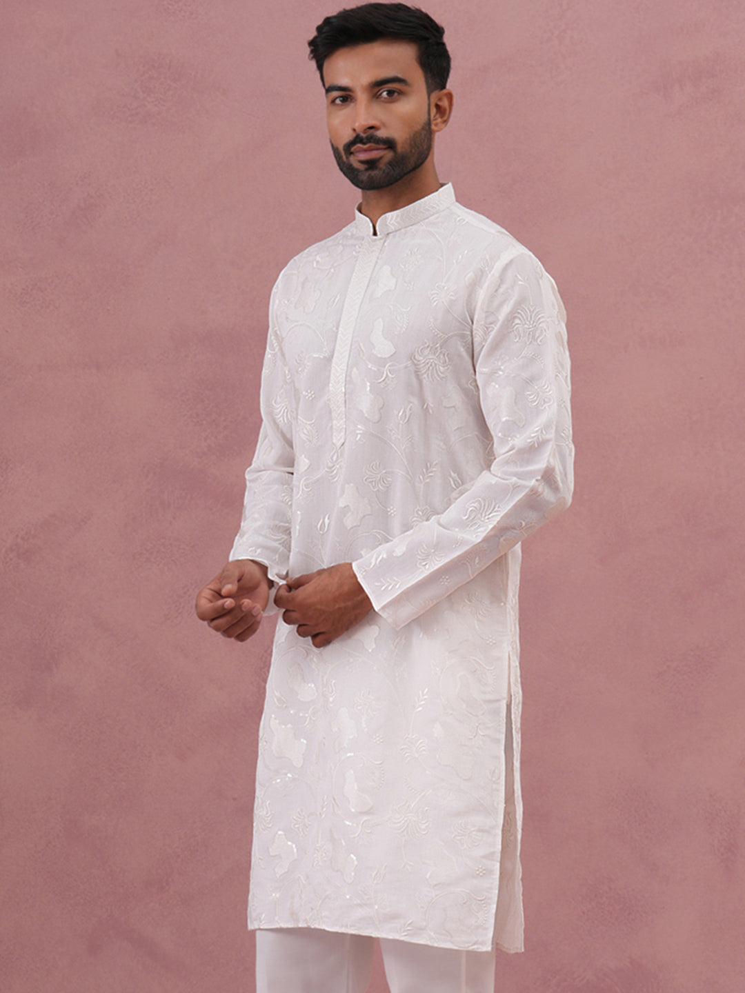 Men's Embroidered Silk Blend Kurta (65KO 5338 White ) [FF] [A-1-4]