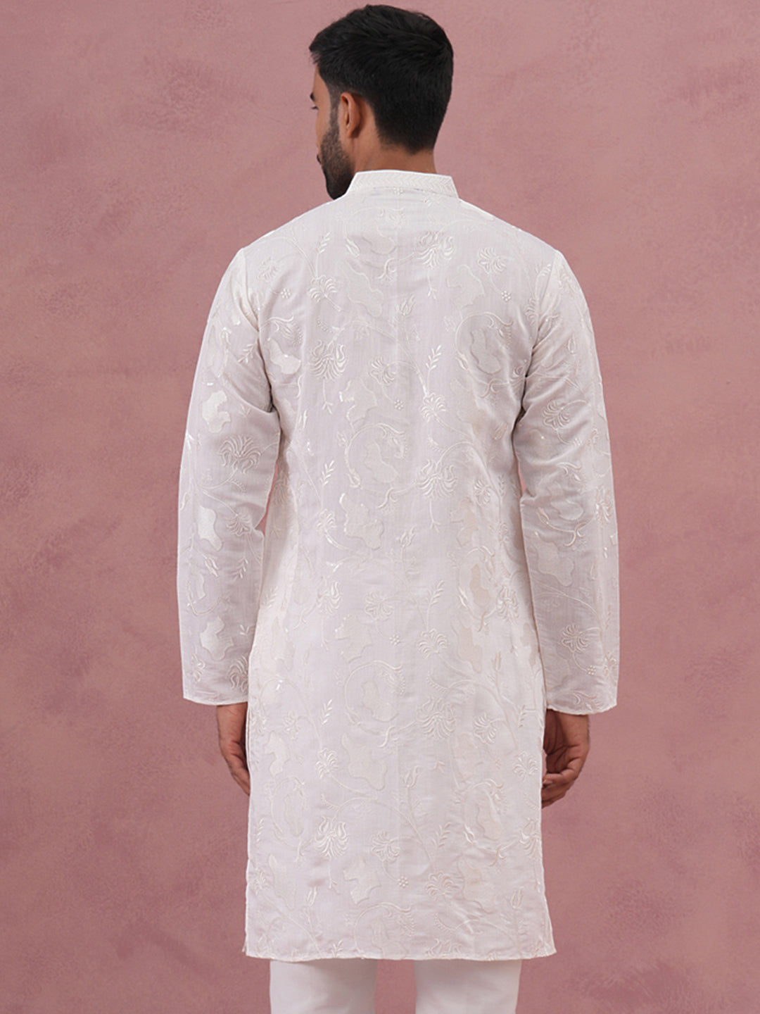 Men's Embroidered Silk Blend Kurta (65KO 5338 White ) [FF] [A-1-4]