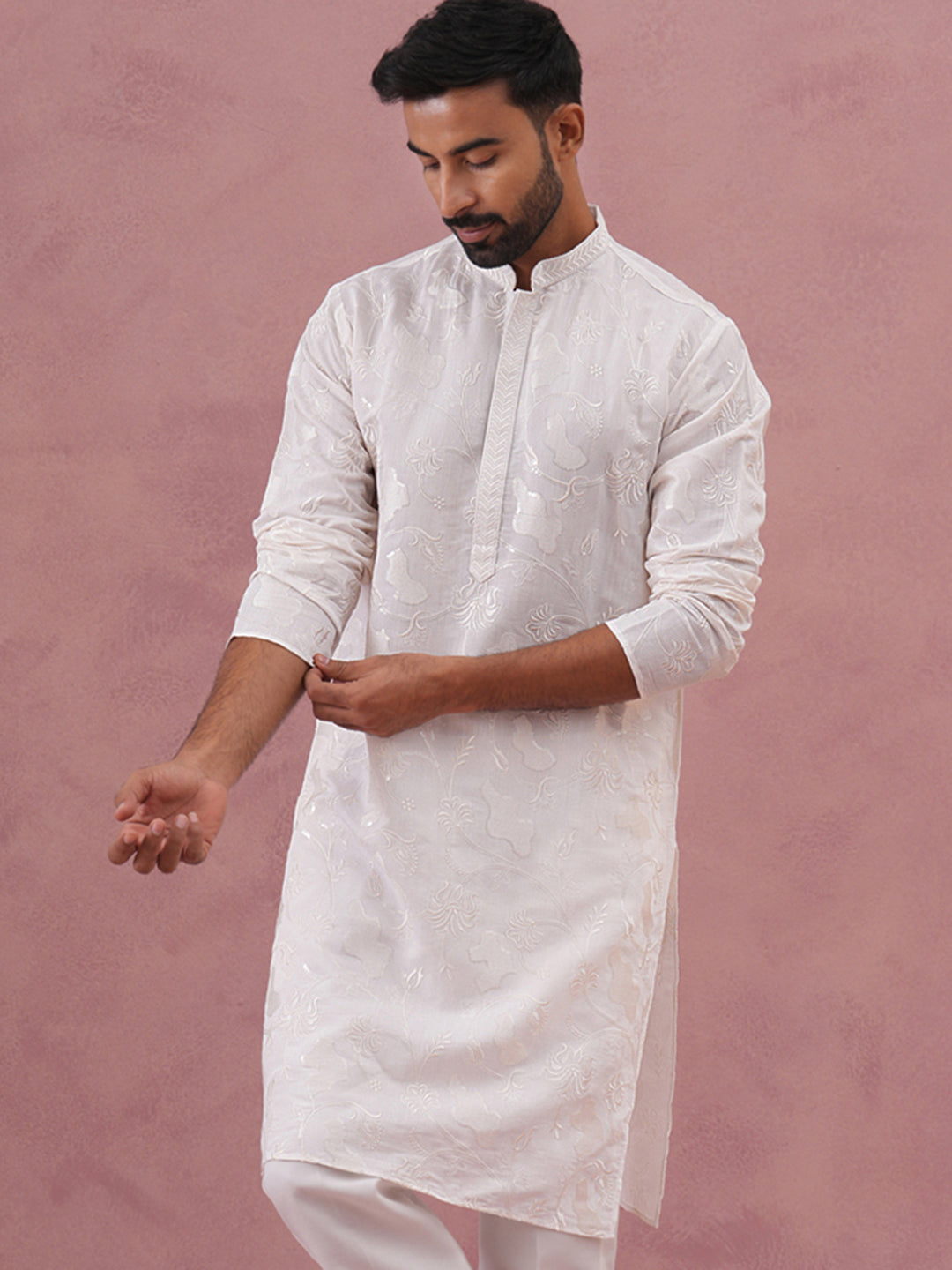 Men's Embroidered Silk Blend Kurta (65KO 5338 White ) [FF] [A-1-4]