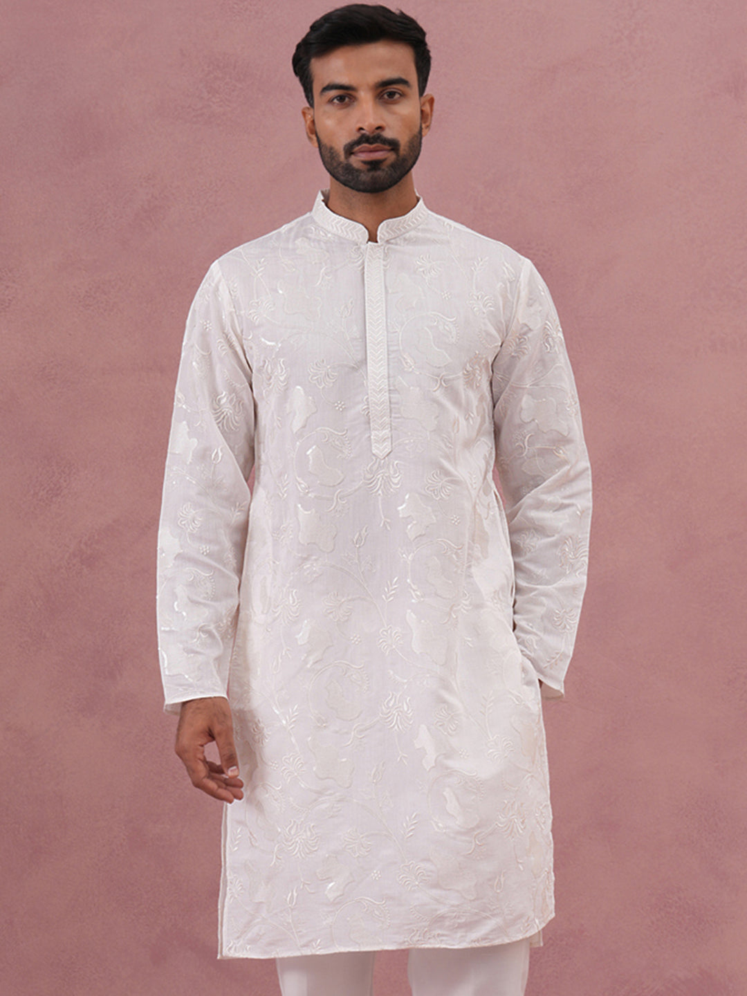 Men's Embroidered Silk Blend Kurta (65KO 5338 White ) [FF] [A-1-4]