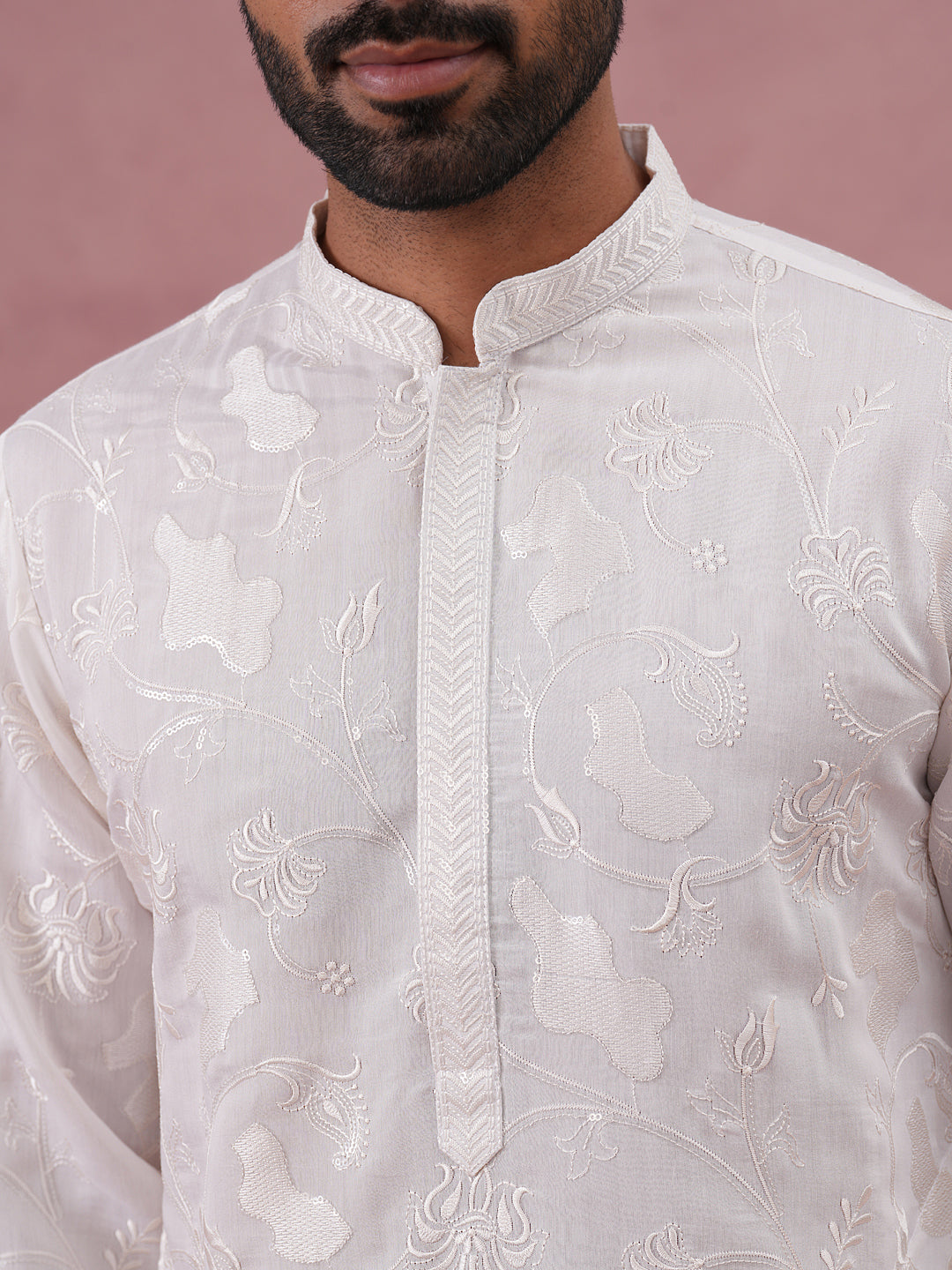 Men's Embroidered Silk Blend Kurta (65KO 5338 White ) [FF] [A-1-4]