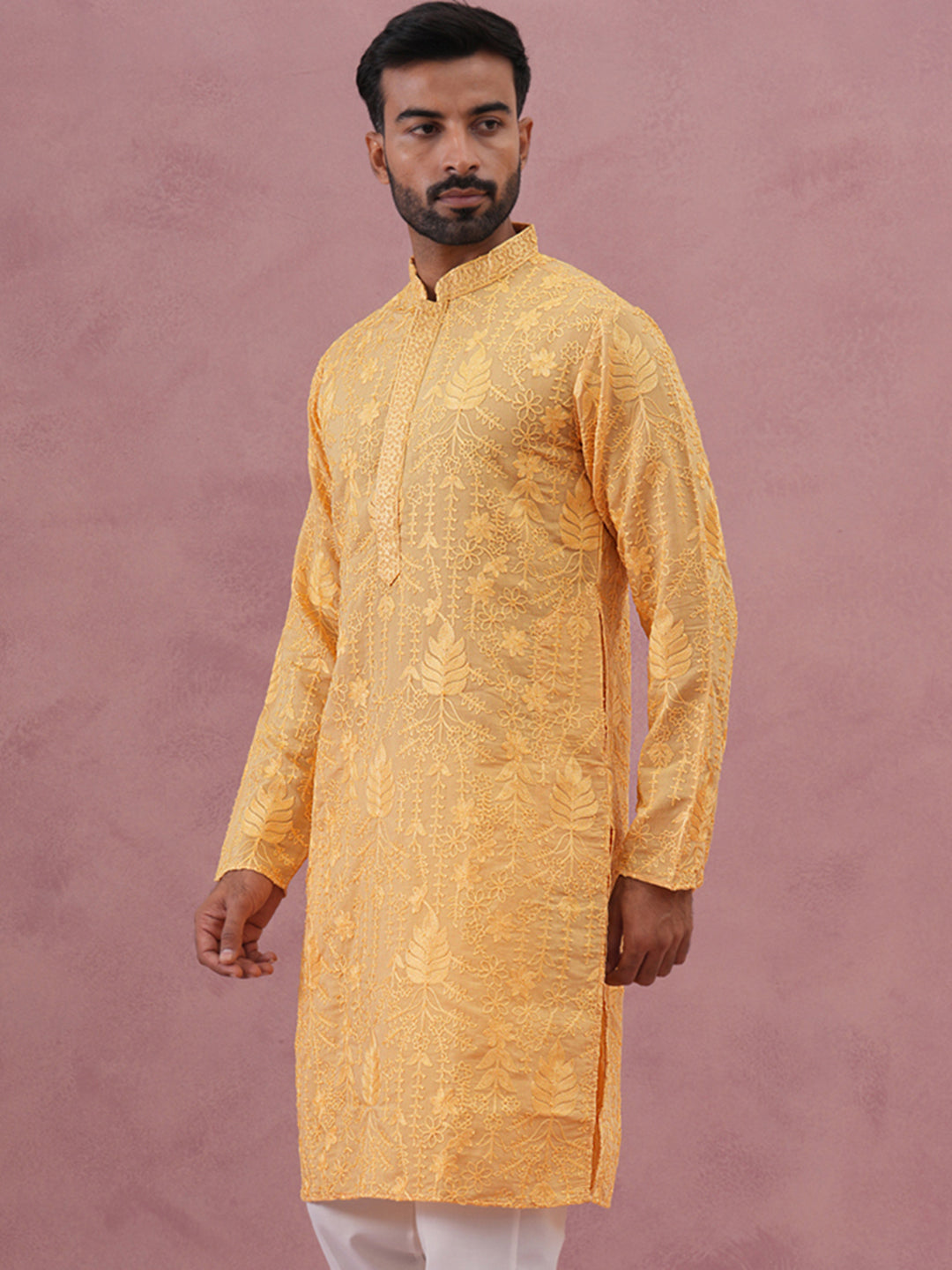 Men’s Ethnic Embroidered Kurta (65KO 5339 Yellow ) [FF] [P-12]