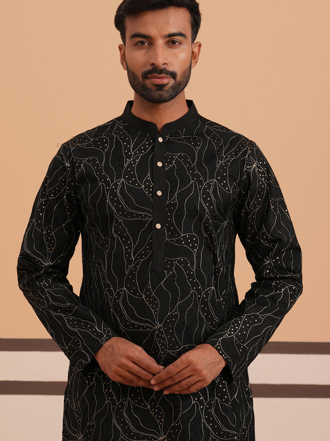 Silk Blend Embroidered & Sequinned Kurta (65KO 5340 Black ) [FF] [P-15]