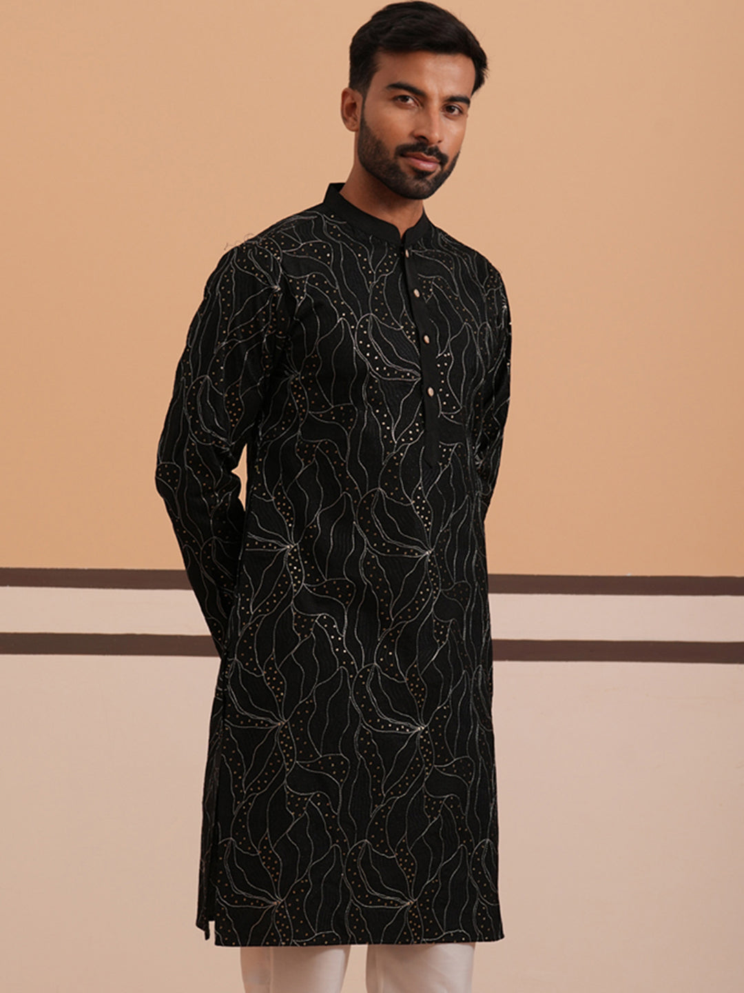 Silk Blend Embroidered & Sequinned Kurta (65KO 5340 Black ) [FF] [P-15]