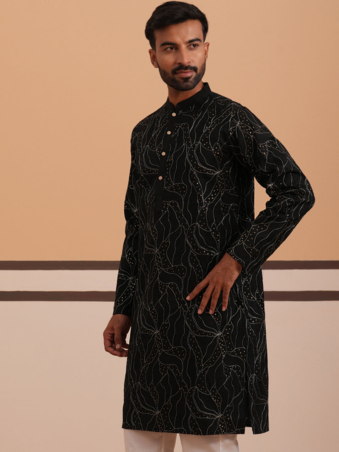 Silk Blend Embroidered & Sequinned Kurta (65KO 5340 Black ) [FF] [P-15]