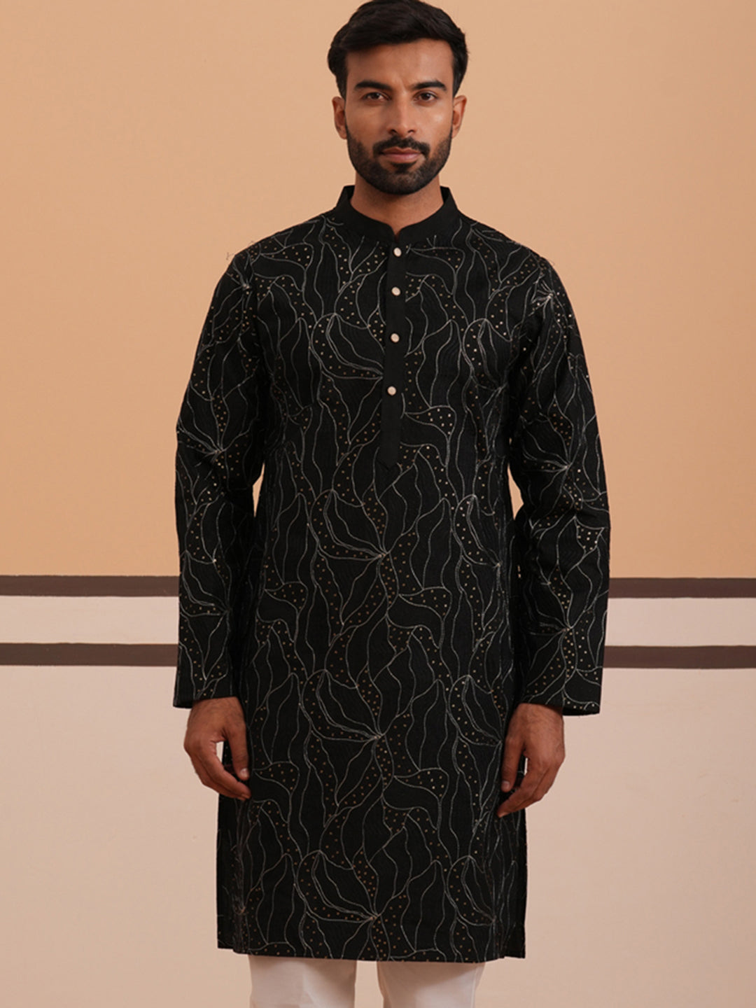 Silk Blend Embroidered & Sequinned Kurta (65KO 5340 Black ) [FF] [P-15]