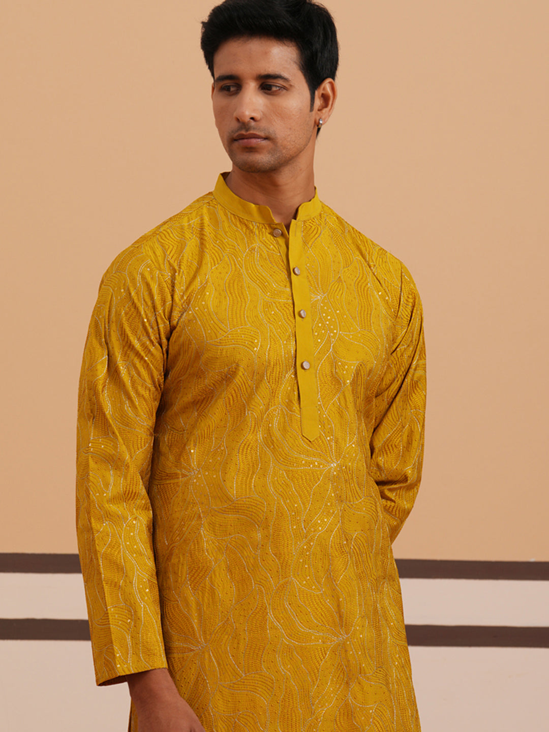 Silk Blend Embroidered & Sequinned Kurta ( 65KO 5340 Mustard ) [FF] [P-15]