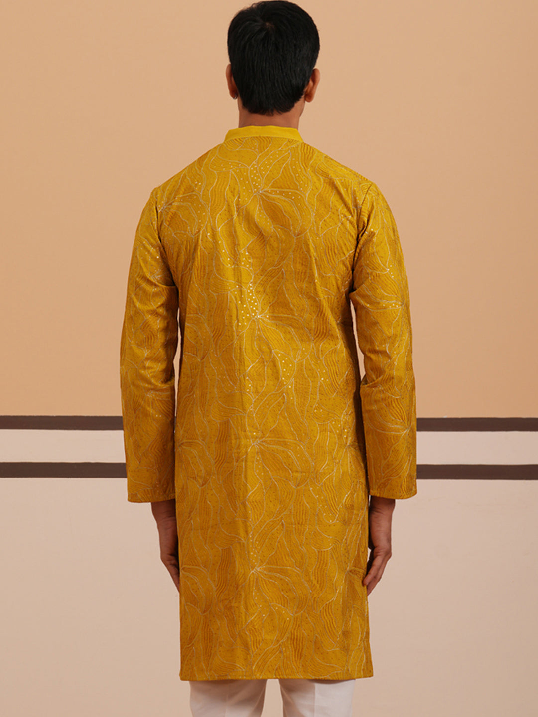 Silk Blend Embroidered & Sequinned Kurta ( 65KO 5340 Mustard ) [FF] [P-15]