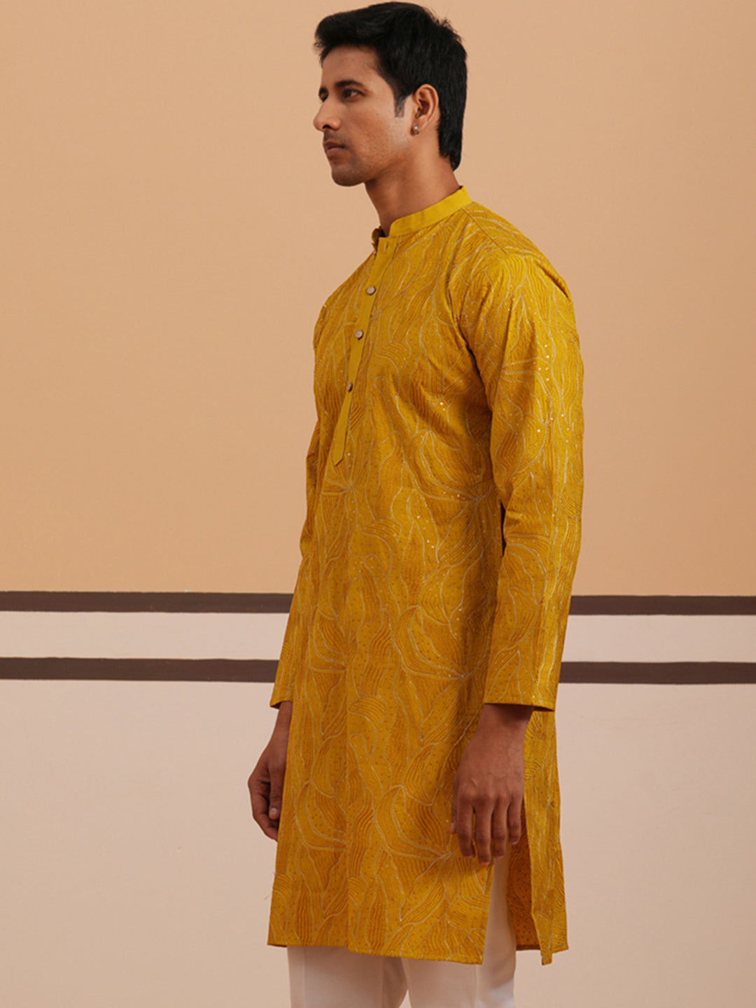 Silk Blend Embroidered & Sequinned Kurta ( 65KO 5340 Mustard ) [FF] [P-15]